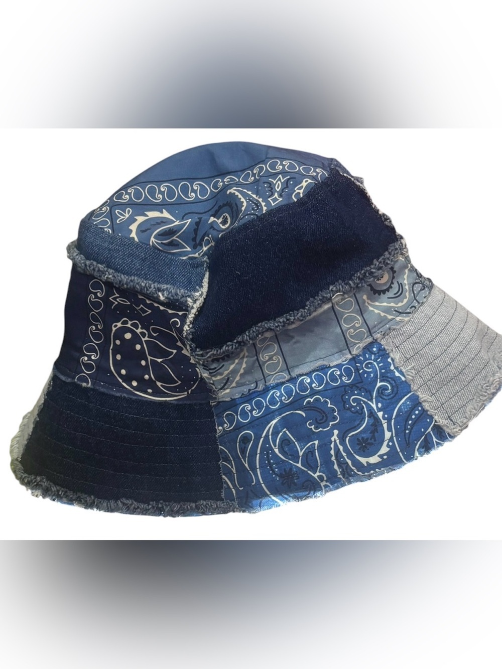 Patchwork Denim Bucket Hat Blue Bandana Paisley Y2K Boho Festival Unisex